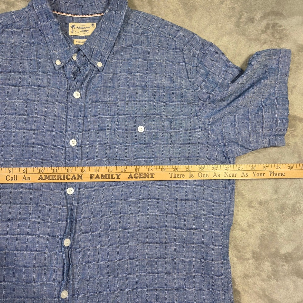 Weatherproof Vintage Mens XL Blue Windowpane Linen Cotton Short Sleeve Shirt - Picture 2 of 6